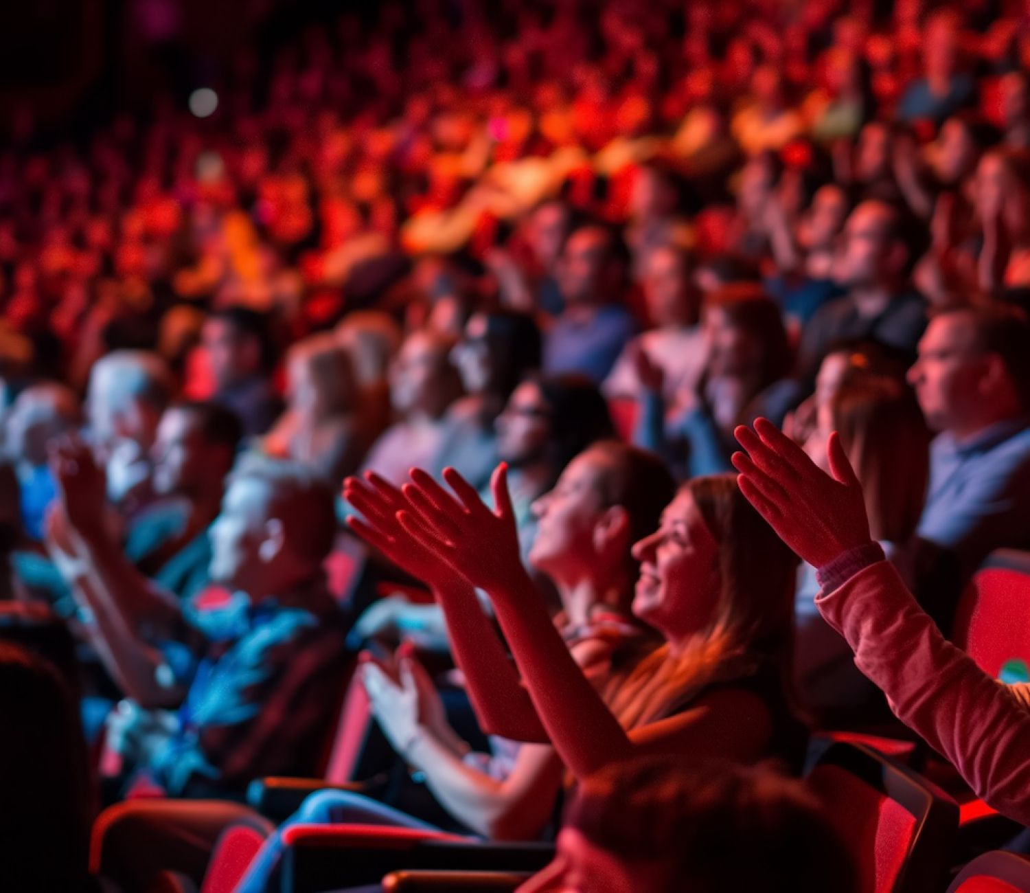 Audience clapping in a packed theater, vibrant red lighting, engaging performance atmosphere.