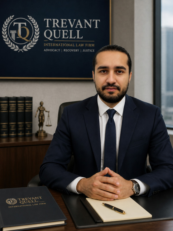 Business professional smiling in office setting, wearing suit and tie.